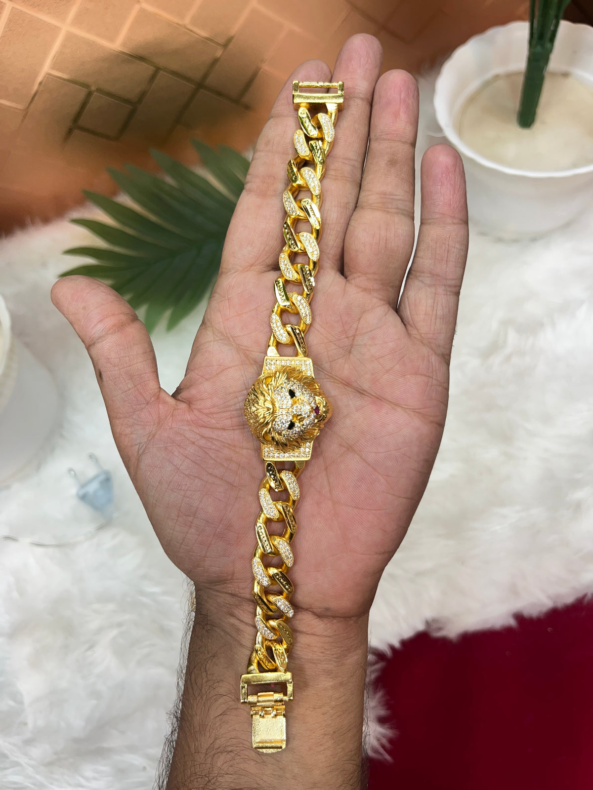 one gram gold plated cuban lion daimond bracelet