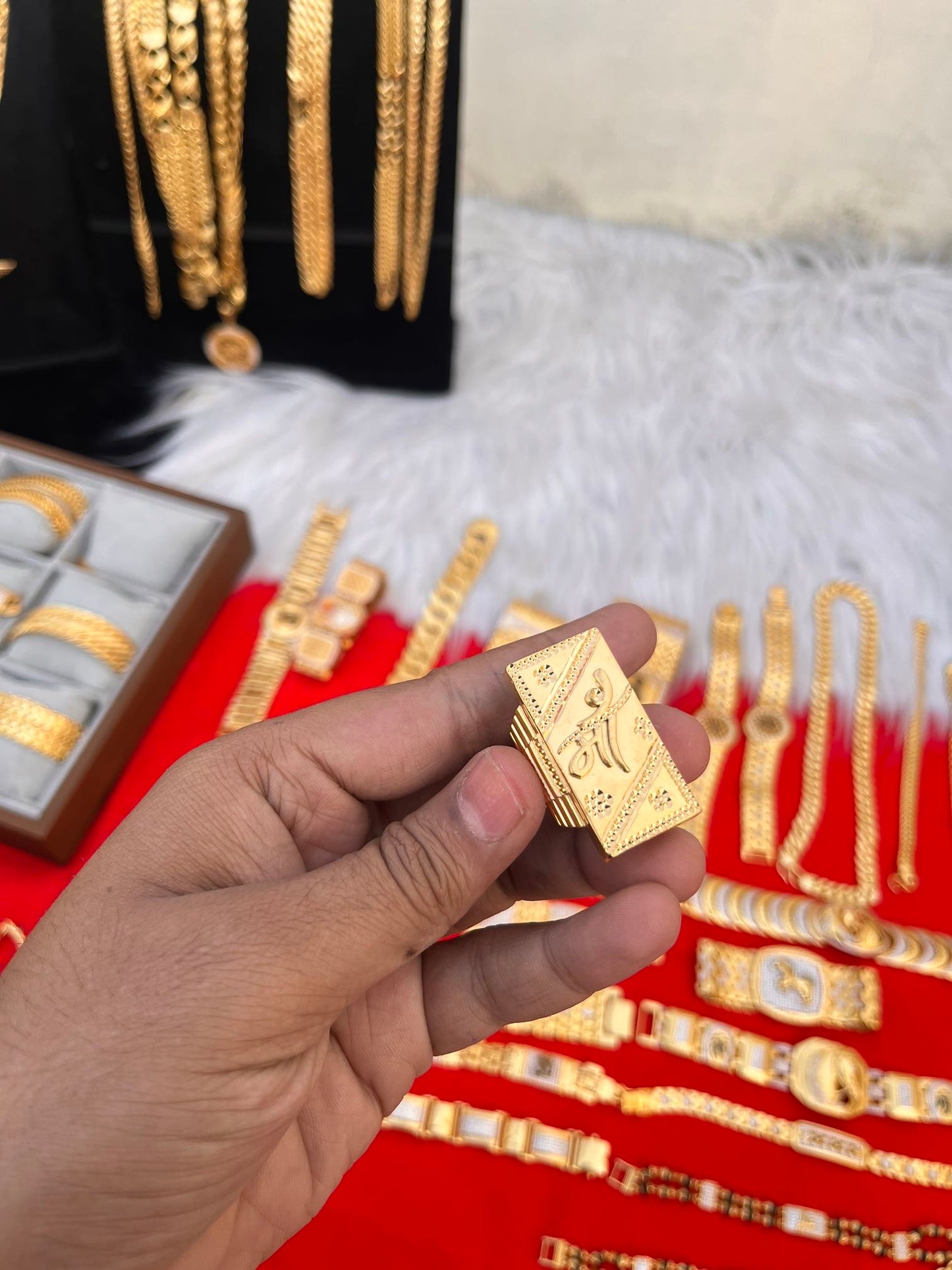 one gram gold plated long maa design ring