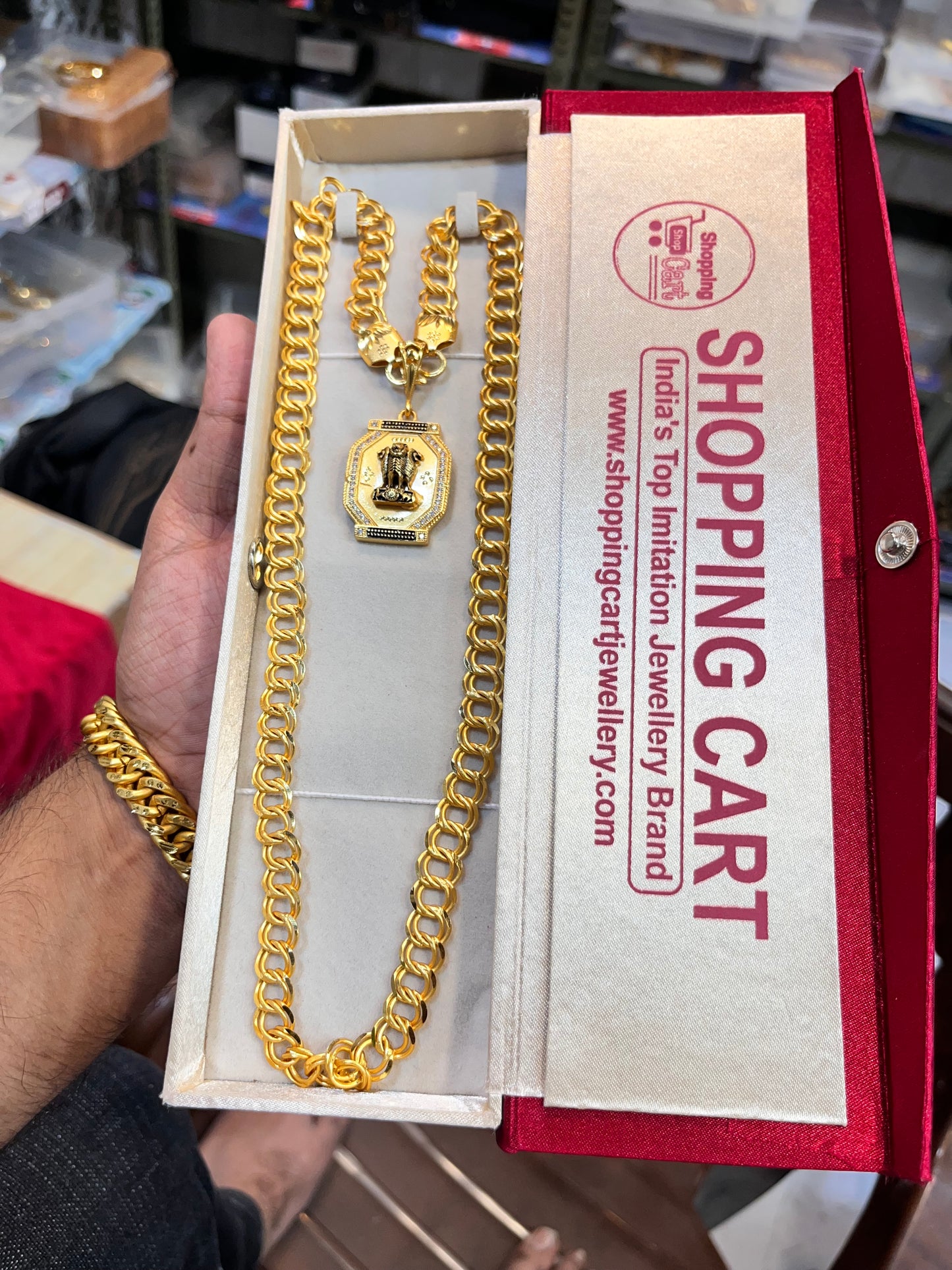 One gram gold plated slim kadi chain with ashok stumb pandent