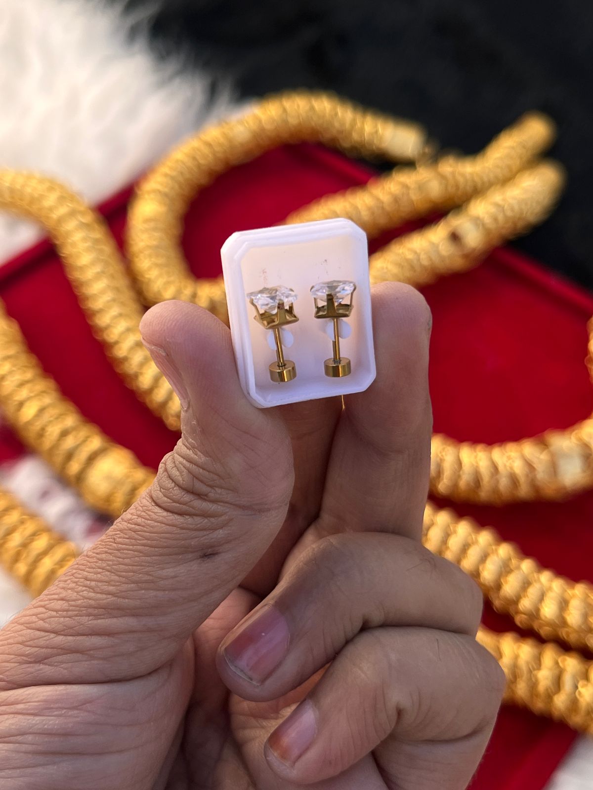 Gold plated white stone design men's earrings