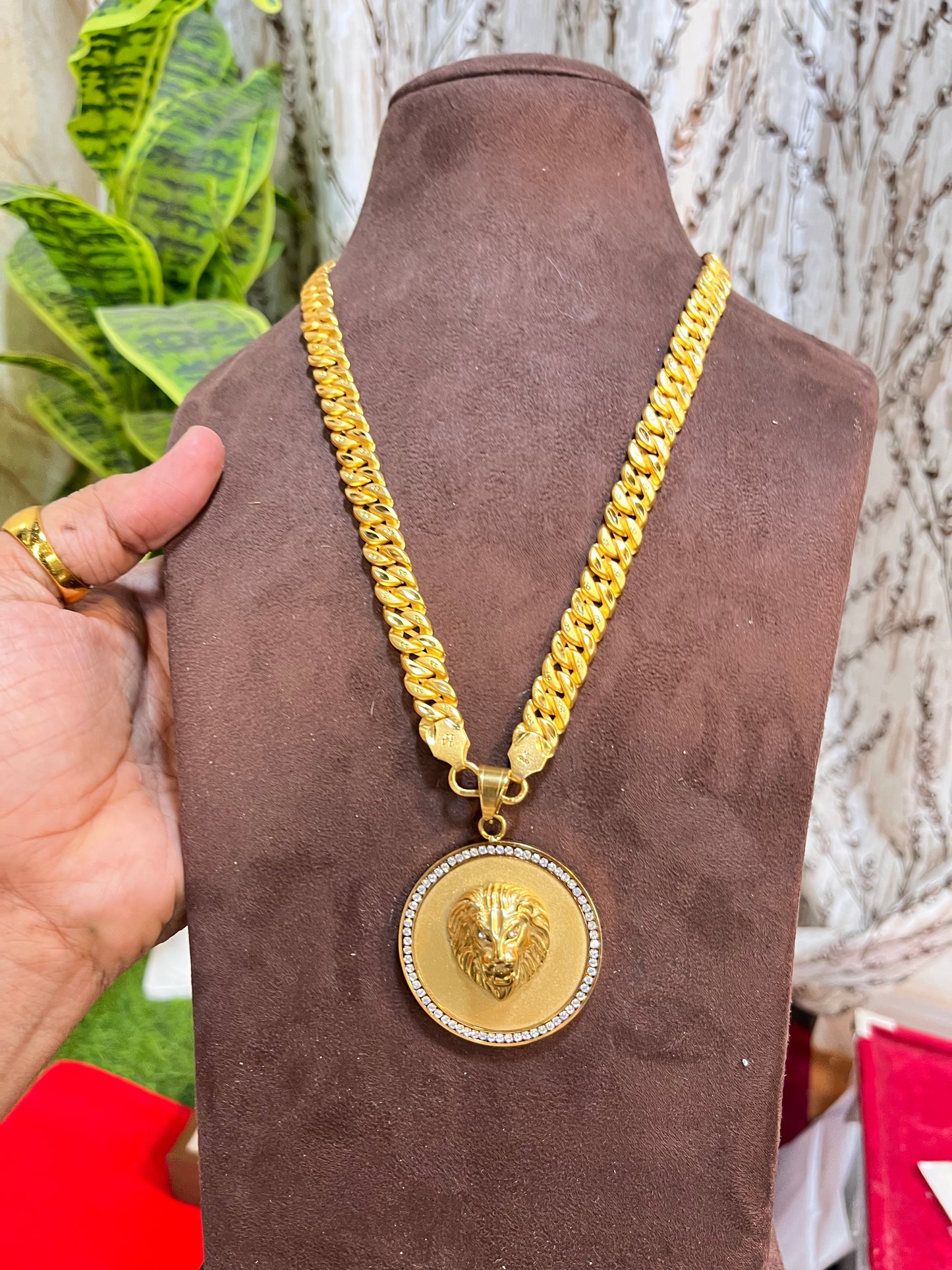 one gram gold plated singapuri chain with lion big pandent