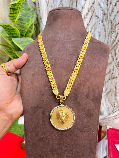one gram gold plated singapuri chain with lion big pandent