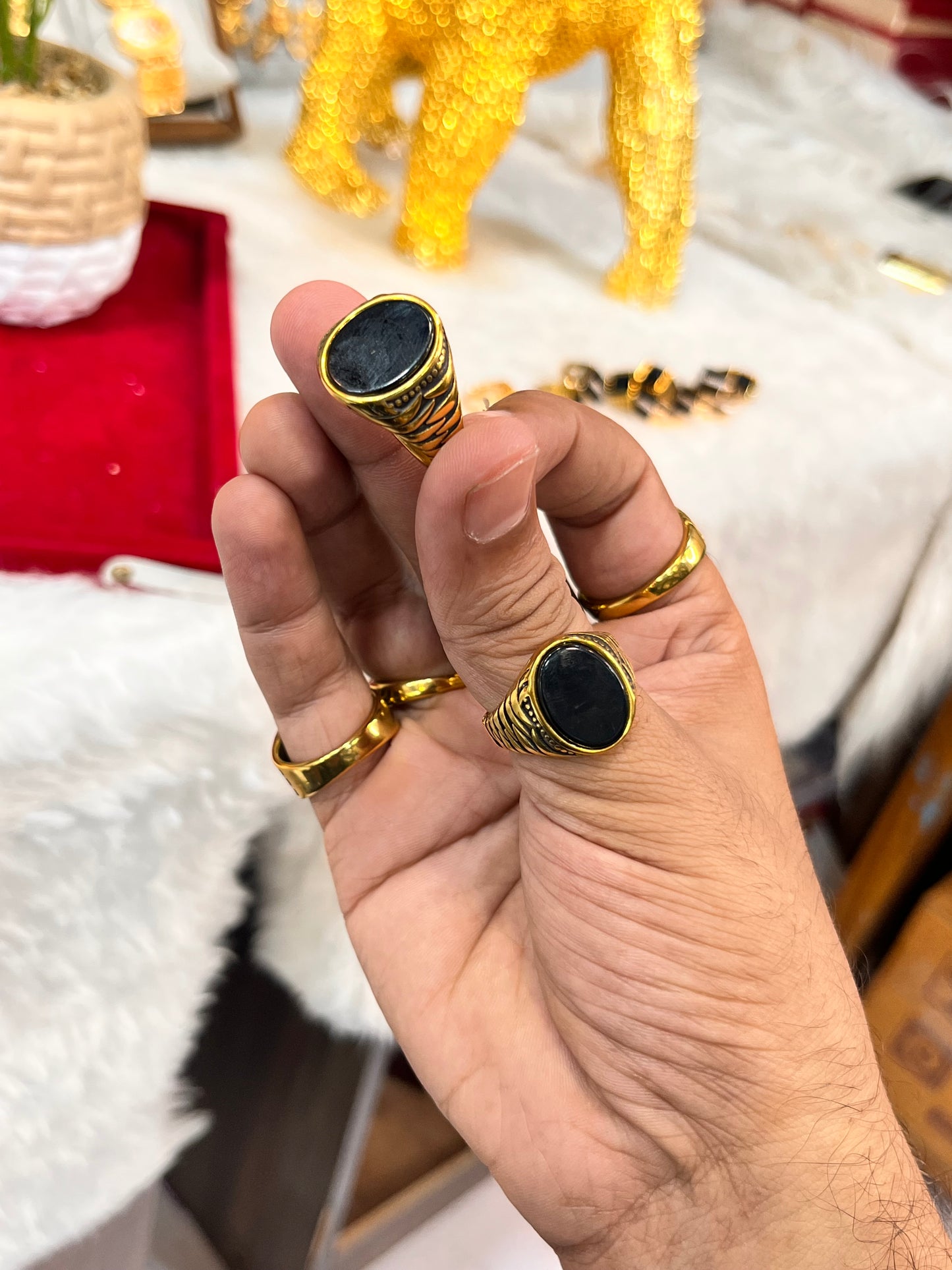 Gold plated premium black stone round ring