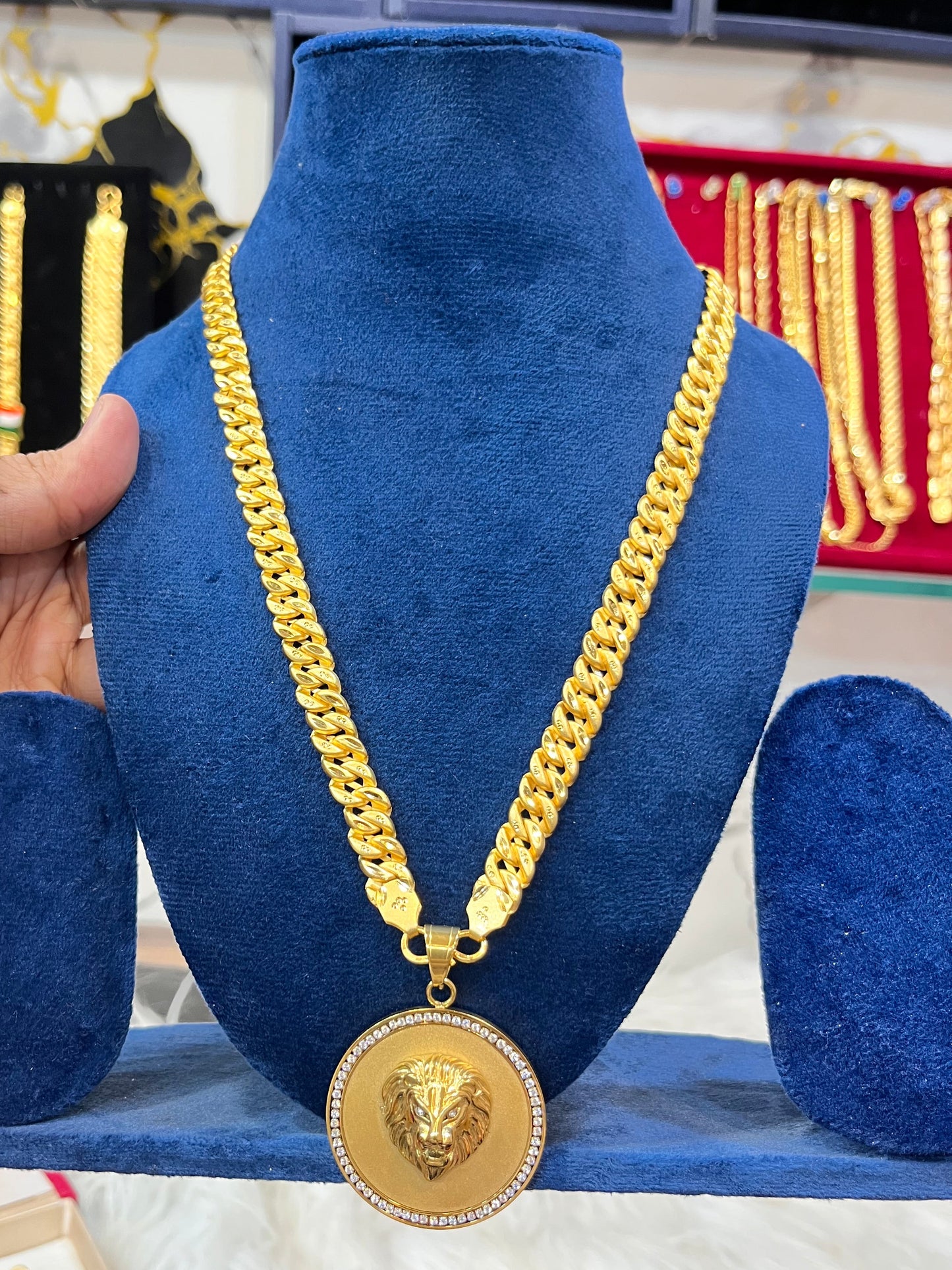 one gram gold plated singapuri chain with lion big pandent
