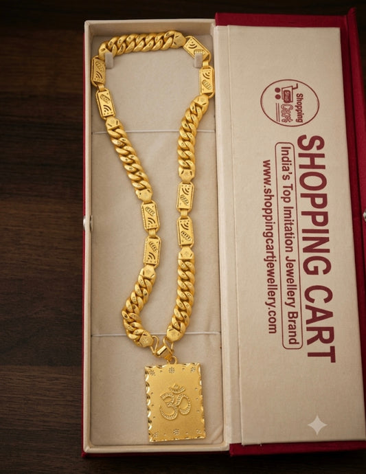 One gram gold plated navabi singapuri chain with big om biscuit pandent