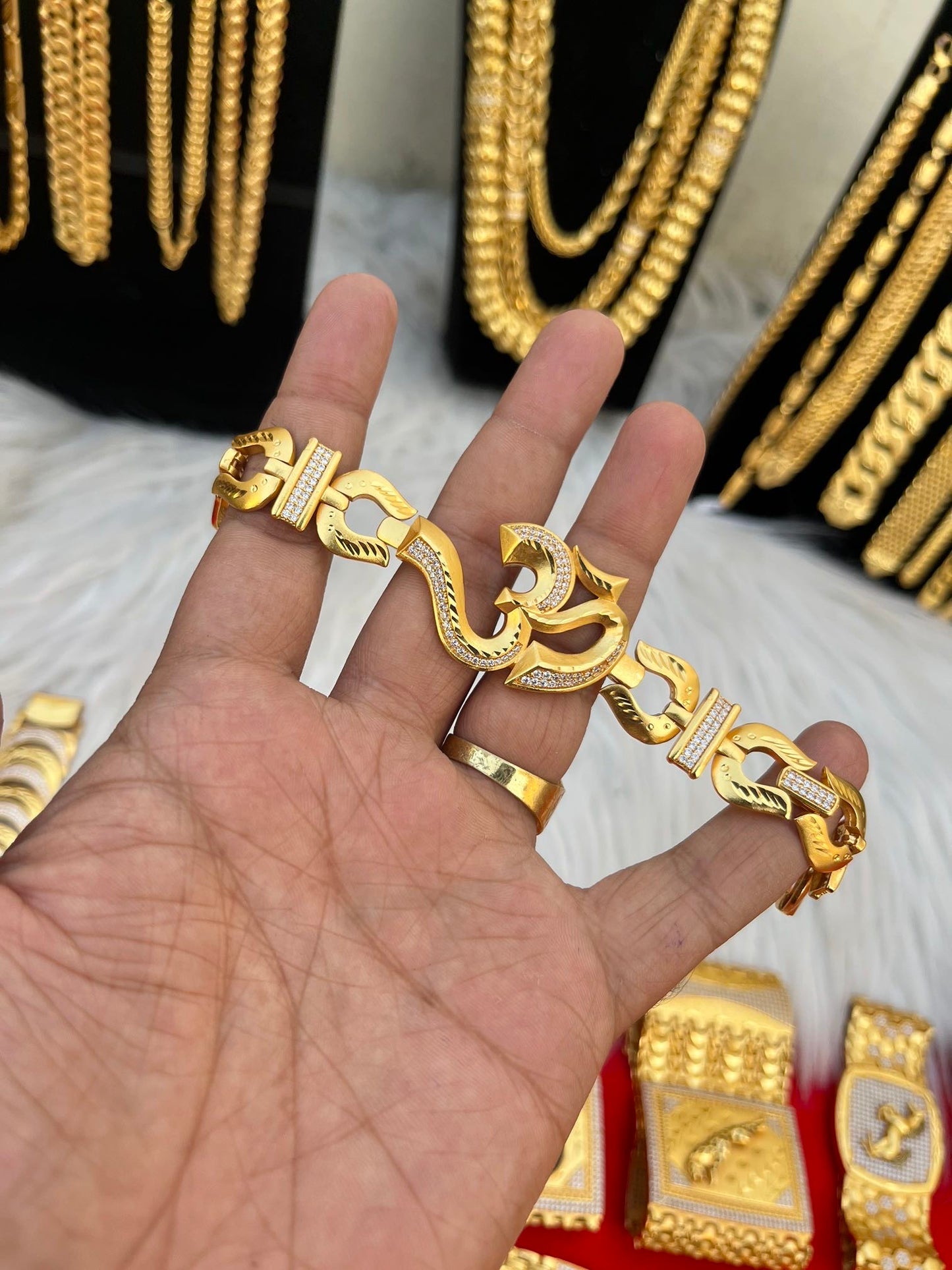 one gram gold plated heavy om logo design bracelet