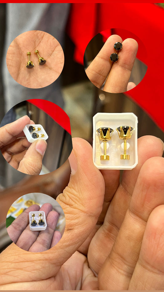 one gram gold plated men’s black stone design earrings