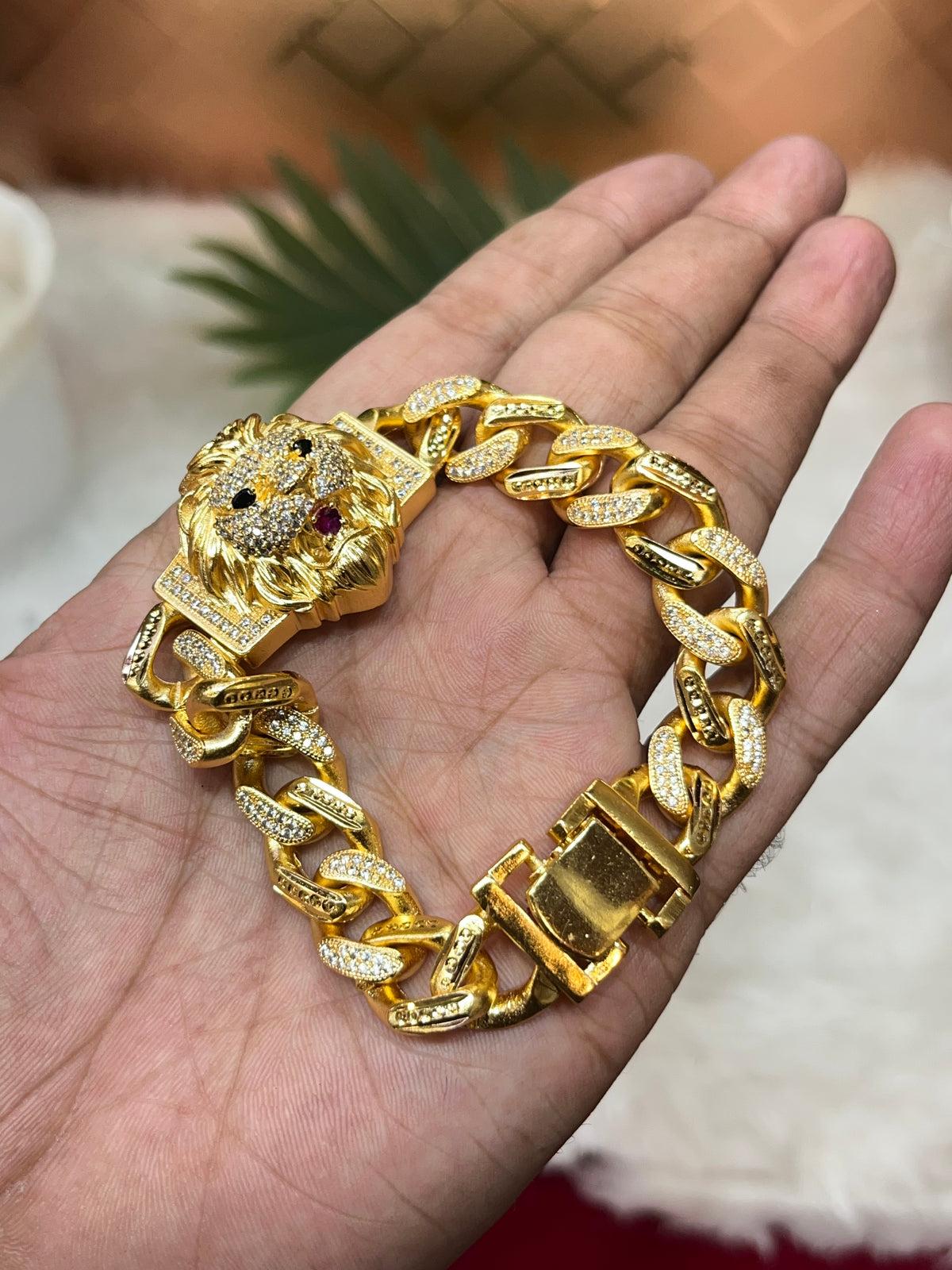 one gram gold plated cuban lion daimond bracelet