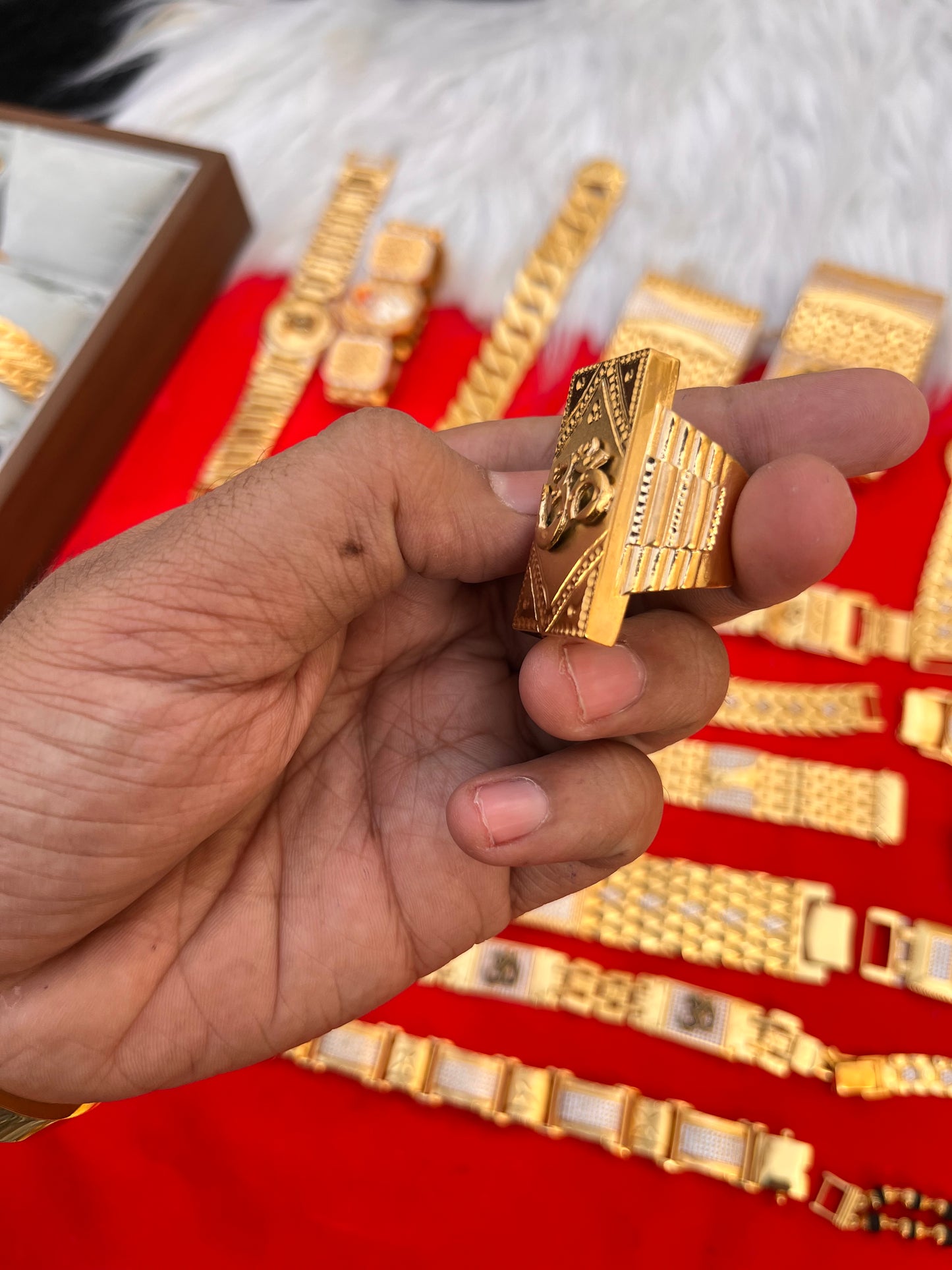 one gram gold plated long om design ring