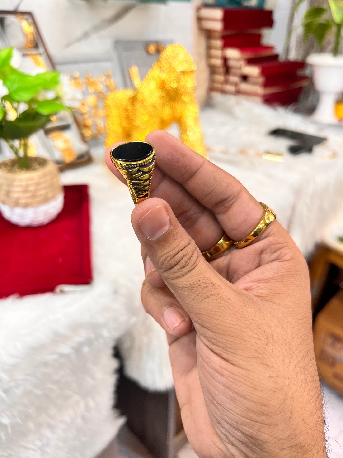 Gold plated premium black stone round ring