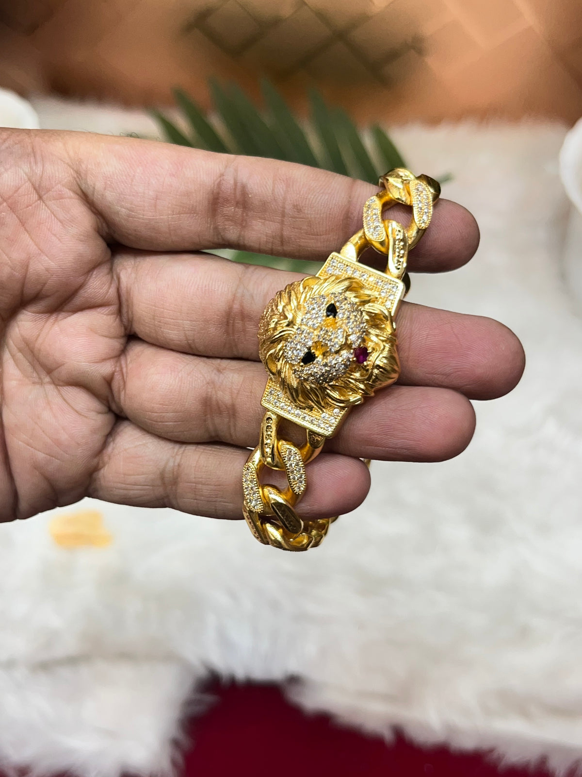 one gram gold plated cuban lion daimond bracelet