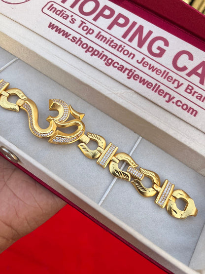 one gram gold plated heavy om logo design bracelet