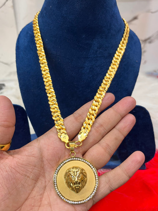 one gram gold plated singapuri chain with lion big pandent
