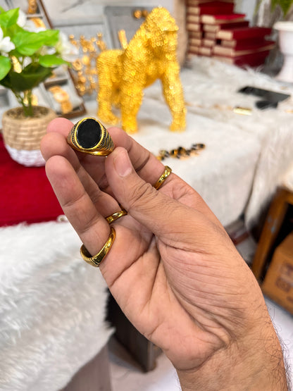 Gold plated premium black stone round ring