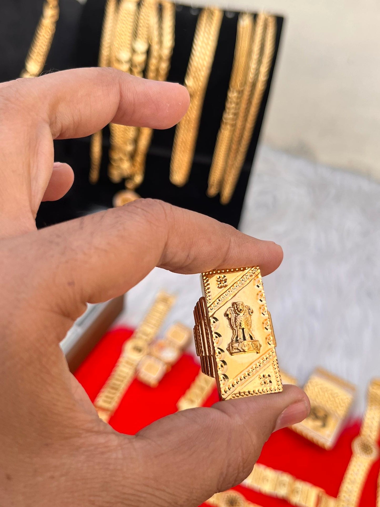 one gram gold plated ashok stumb long design ring