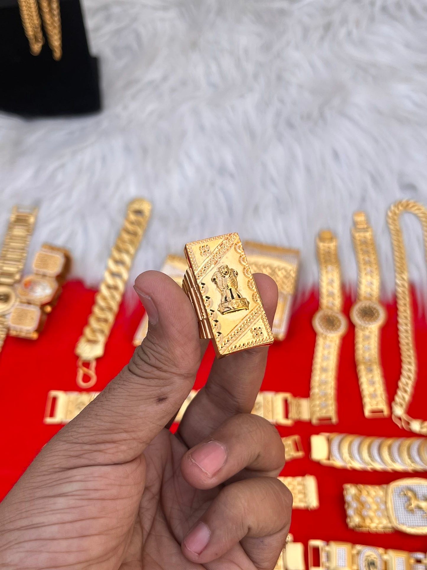 one gram gold plated ashok stumb long design ring