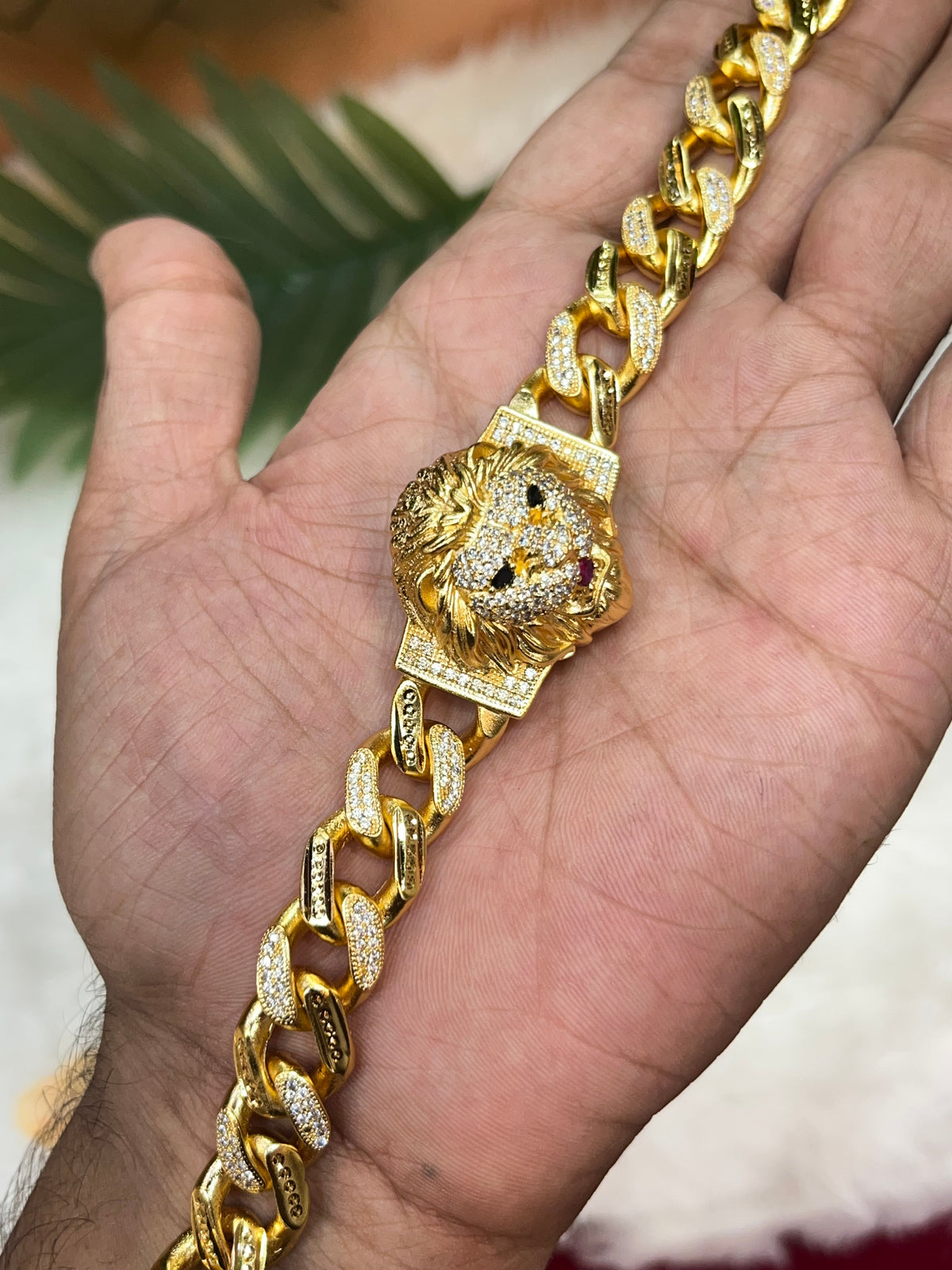 one gram gold plated cuban lion daimond bracelet
