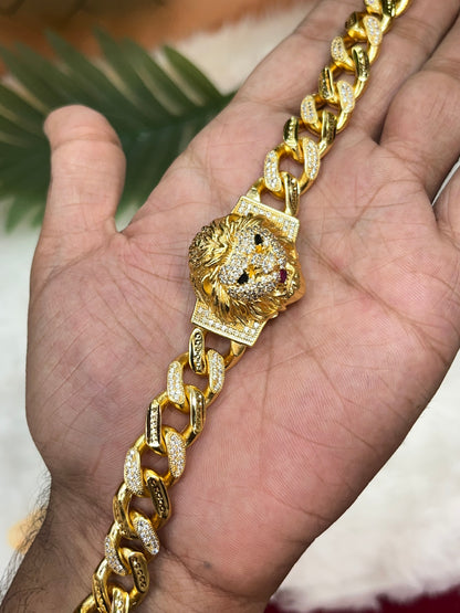 one gram gold plated cuban lion daimond bracelet