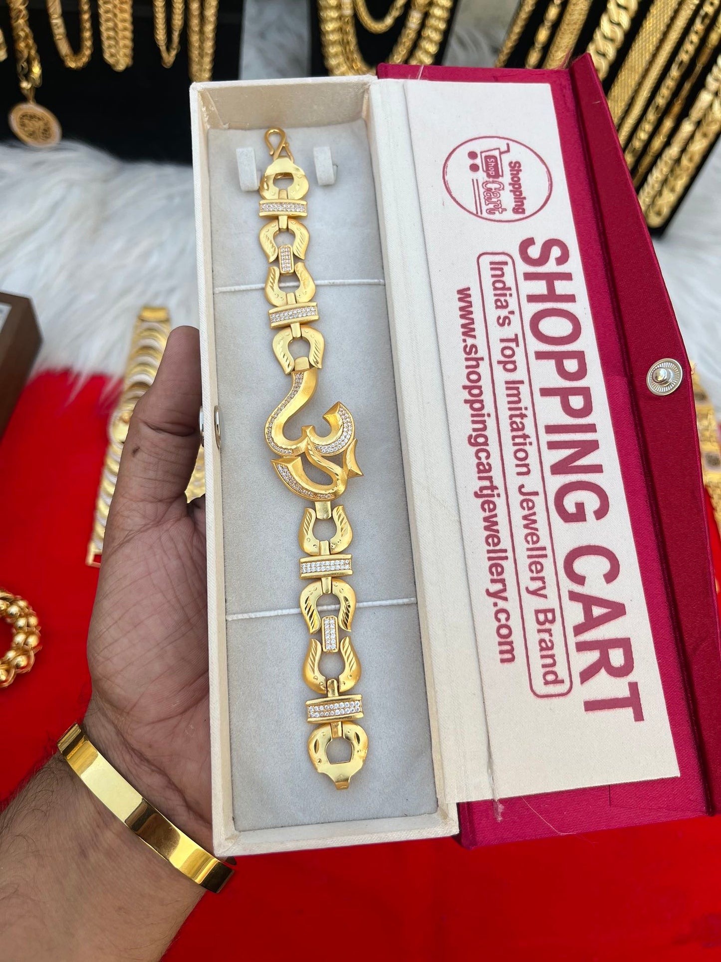 one gram gold plated heavy om logo design bracelet