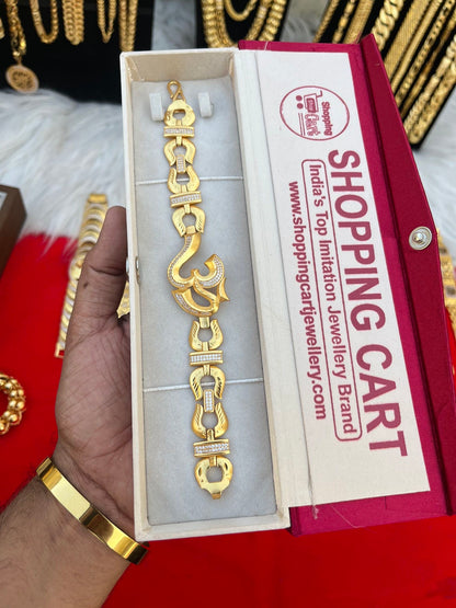 one gram gold plated heavy om logo design bracelet