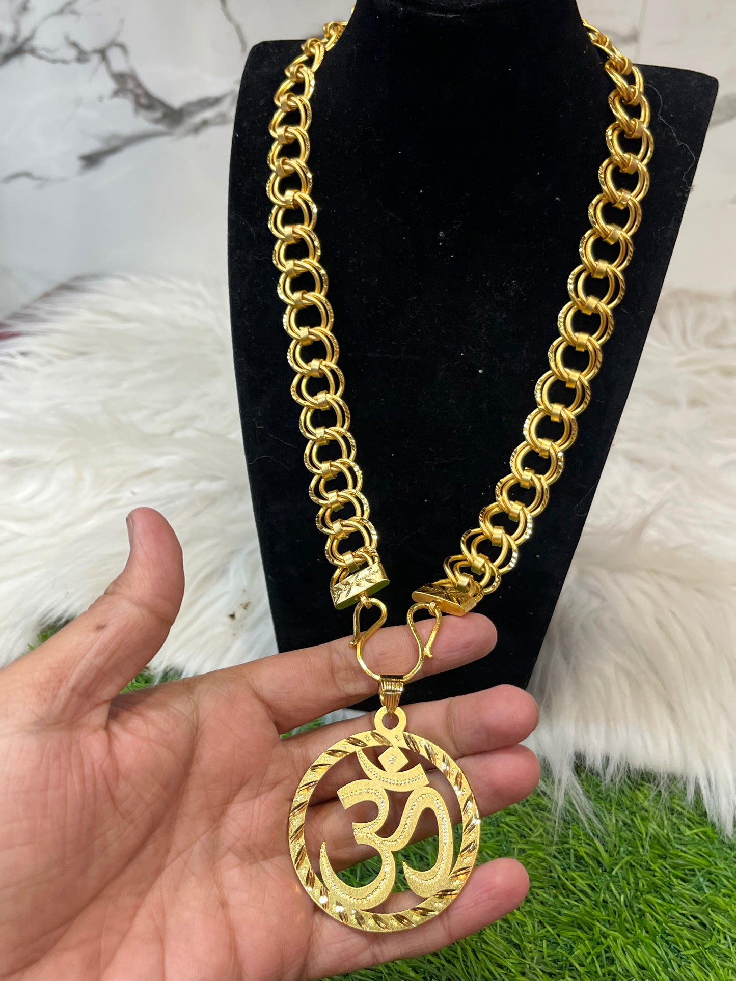 one gram gold plated twokadi heavy chain with big om pandent