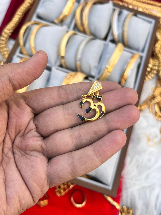 Gold plated om design black meena couting design premium pandent